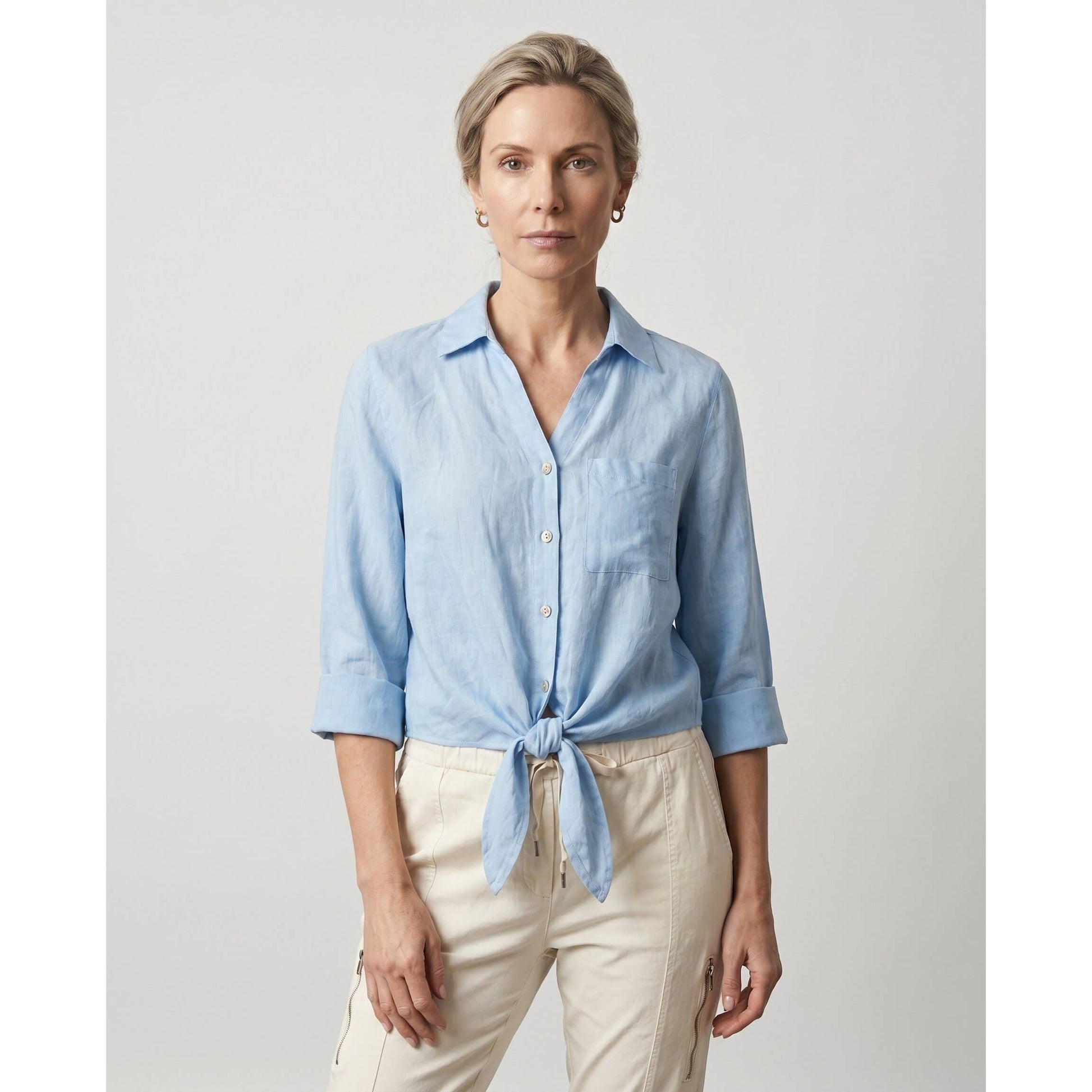 [TINA Stephens Italy/Tees By Tina - Alejandra Linen Tie Front Top (BQ152): 430 Sky Blue], [CLOTHING], [TINA Stephens Italy/Tees By Tina], [Plum Bottom].