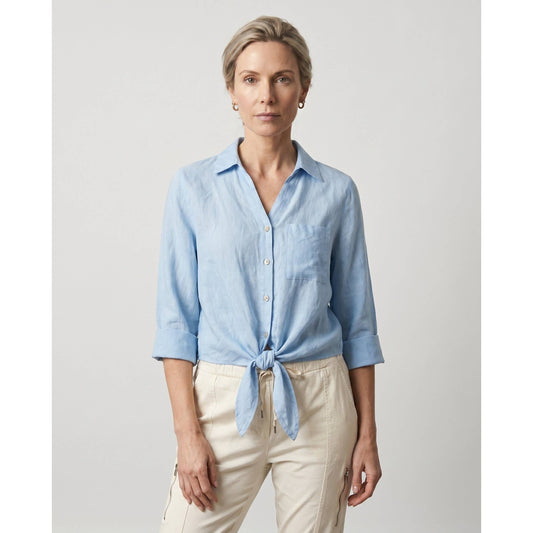 [TINA Stephens Italy/Tees By Tina - Alejandra Linen Tie Front Top (BQ152): 430 Sky Blue], [CLOTHING], [TINA Stephens Italy/Tees By Tina], [Plum Bottom].
