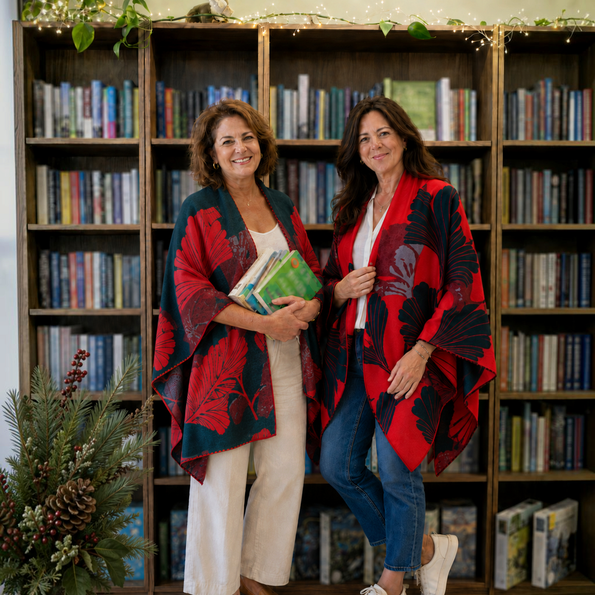 [Winding River - Red / Green Large Ginkgoes Reversible Loop Wrap], [Scarf], [Winding River], [Plum Bottom].