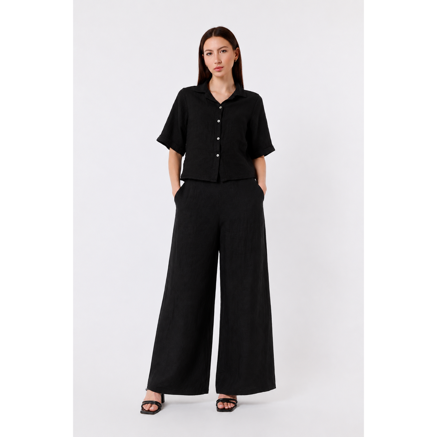 [TINA Stephens Italy/Tees By Tina - Graciela Flat Front Linen Palazzo Pant (PL909): 001 Black], [CLOTHING], [TINA Stephens Italy/Tees By Tina], [Plum Bottom].