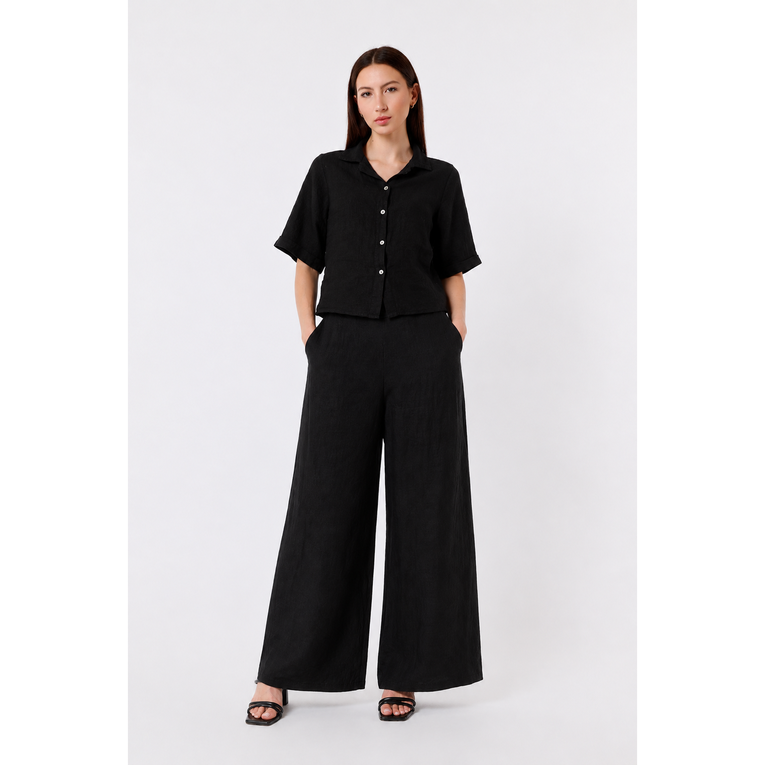 [TINA Stephens Italy/Tees By Tina - Graciela Flat Front Linen Palazzo Pant (PL909): 001 Black], [CLOTHING], [TINA Stephens Italy/Tees By Tina], [Plum Bottom].