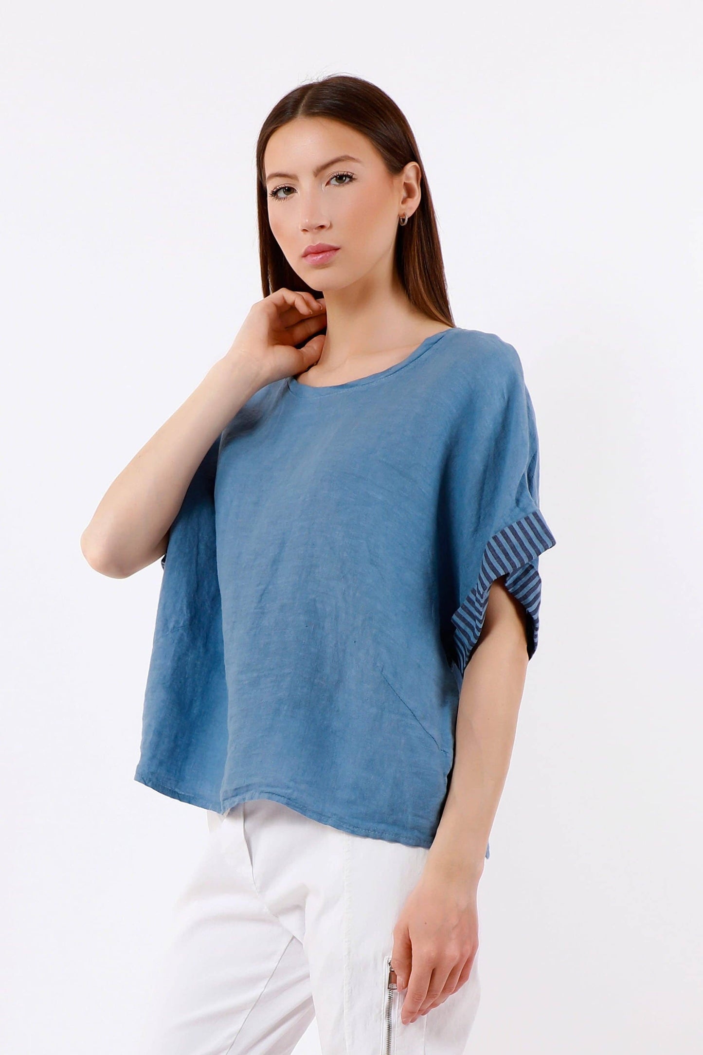 [TINA Stephens Italy/Tees By Tina - Brie Stripe Trim Short Sleeve Linen Top (BSS936PR): 286 Cashmere / One Size], [Tops], [TINA Stephens Italy/Tees By Tina], [Plum Bottom].