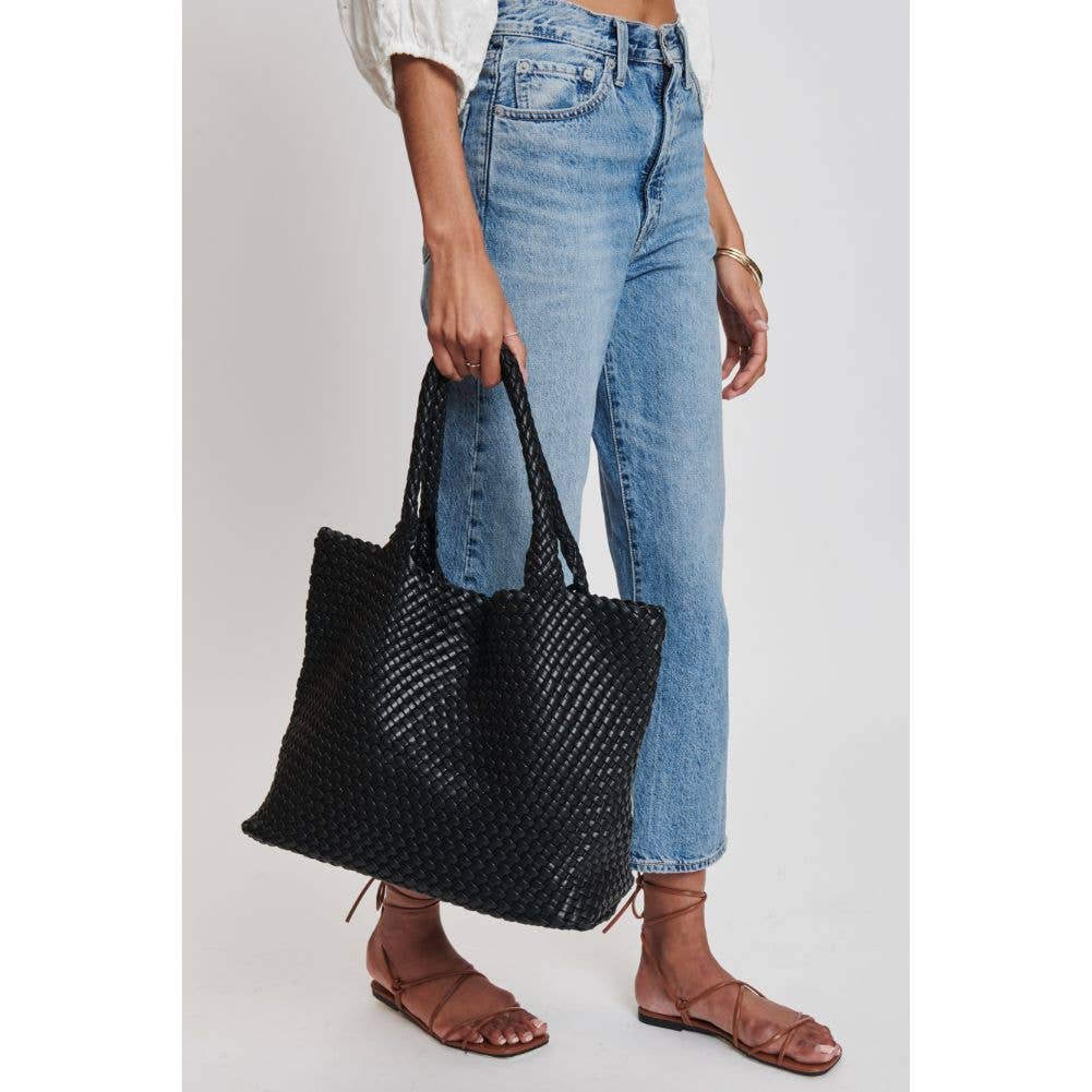 [Moda Luxe - Solana Woven Vegan Leather Tote: Black], [Handbag], [Moda Luxe], [Plum Bottom].