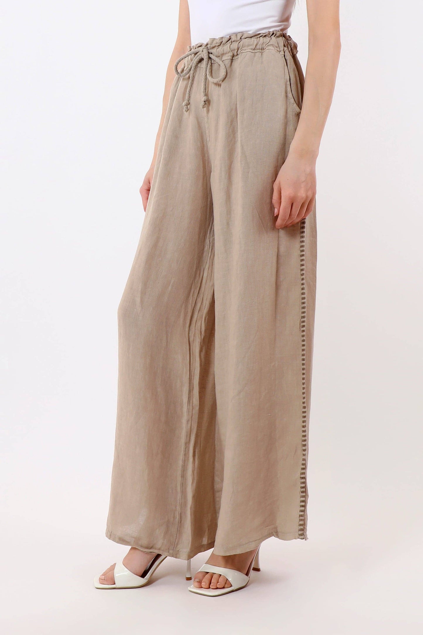 [TINA Stephens Italy/Tees By Tina - Harlowe Stripe Trim Linen Pant (PL928PR): 286 Cashmere / One Size], [Pants], [TINA Stephens Italy/Tees By Tina], [Plum Bottom].