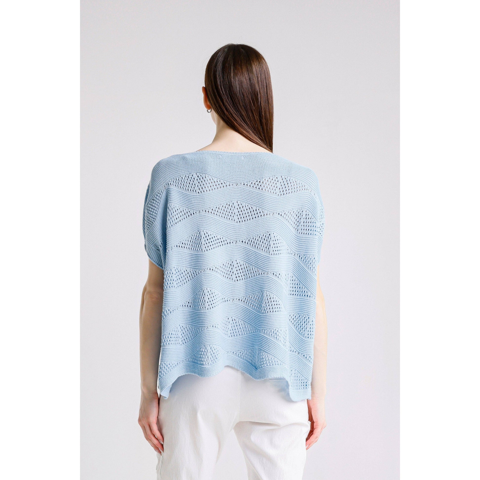 [TINA Stephens Italy/Tees By Tina - Patsy Short Sleeve Wave Knit Sweater (BSS912): 430 Sky Blue / One Size], [CLOTHING], [TINA Stephens Italy/Tees By Tina], [Plum Bottom].
