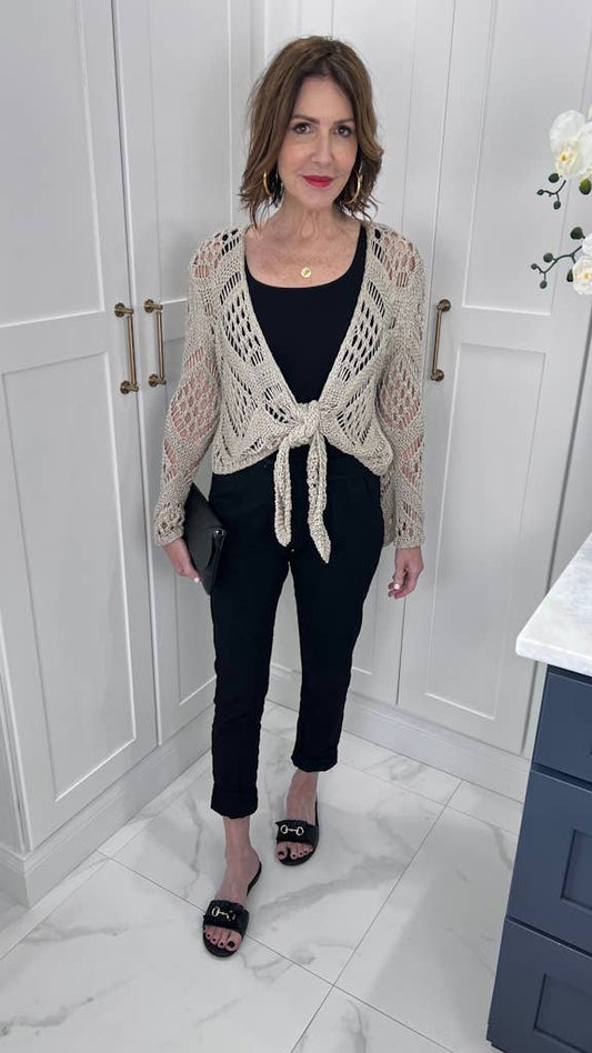 TINA Stephens Italy/Tees By Tina - Kandra Open Knit Tie Front Bolero (CLS303): 109 Natural