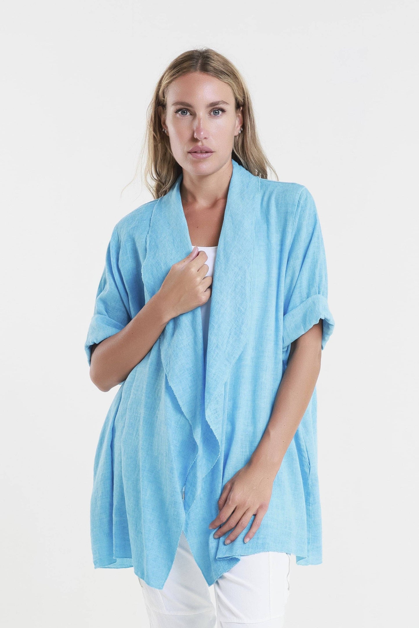 TINA Stephens Italy/Tees By Tina - Olivette Gauzy Linen Blend Open Cardigan (CQ102): 250 Beige / One Size