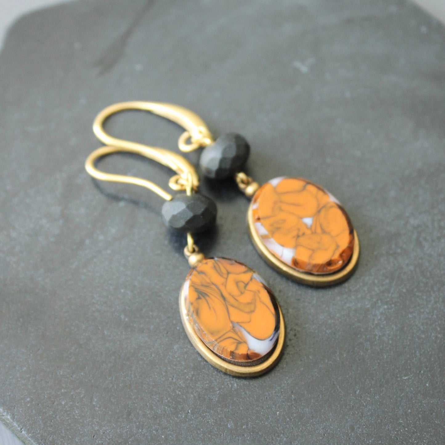 [David Aubrey Jewelry - JLTE15 vintage orange glass earrings], [Earrings], [David Aubrey Jewelry], [Plum Bottom].