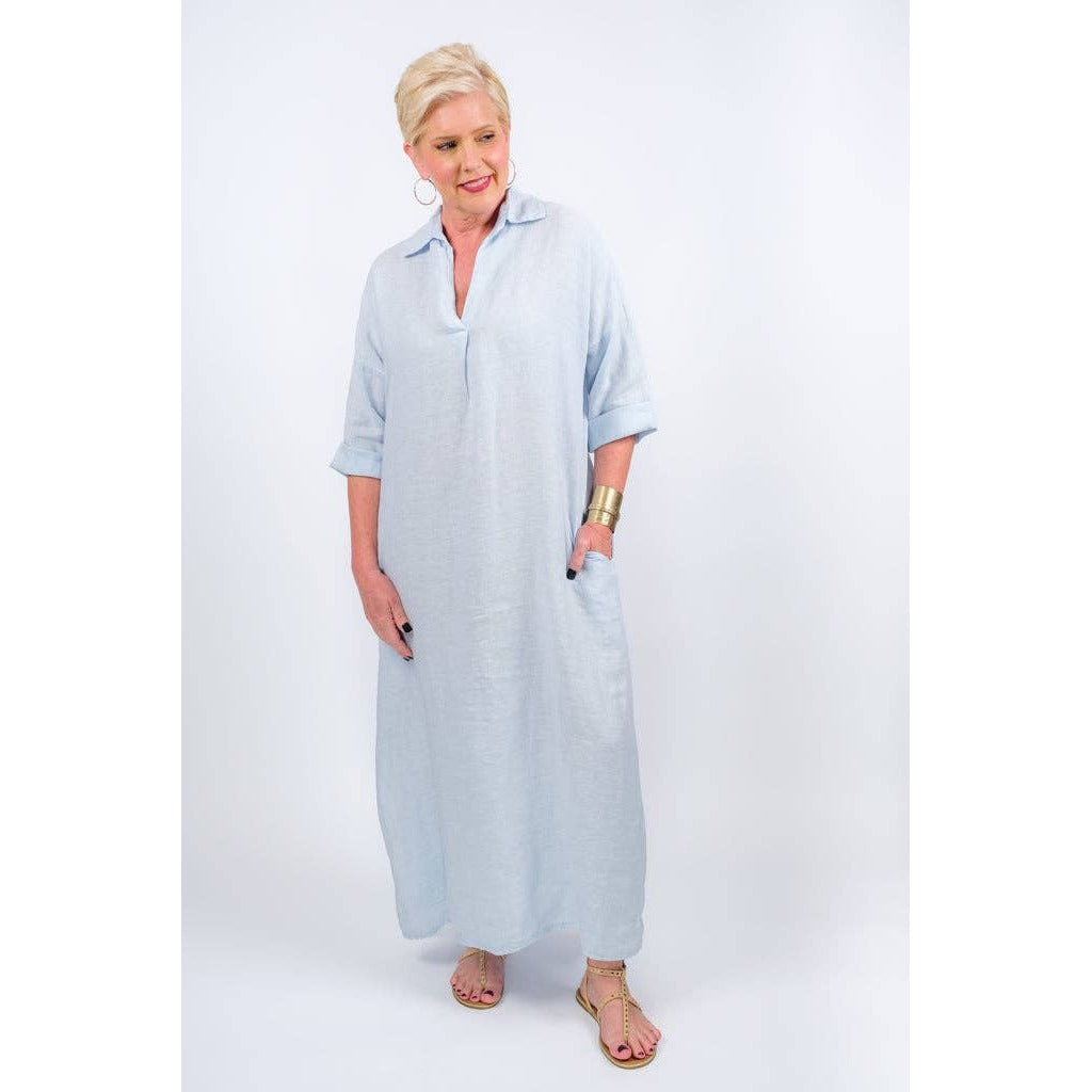 [TINA Stephens Italy/Tees By Tina - Fernanda Open Collar Linen Dress (DQ107): 455 Ice Blue], [CLOTHING], [TINA Stephens Italy/Tees By Tina], [Plum Bottom].