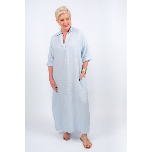 [TINA Stephens Italy/Tees By Tina - Fernanda Open Collar Linen Dress (DQ107): 455 Ice Blue], [CLOTHING], [TINA Stephens Italy/Tees By Tina], [Plum Bottom].