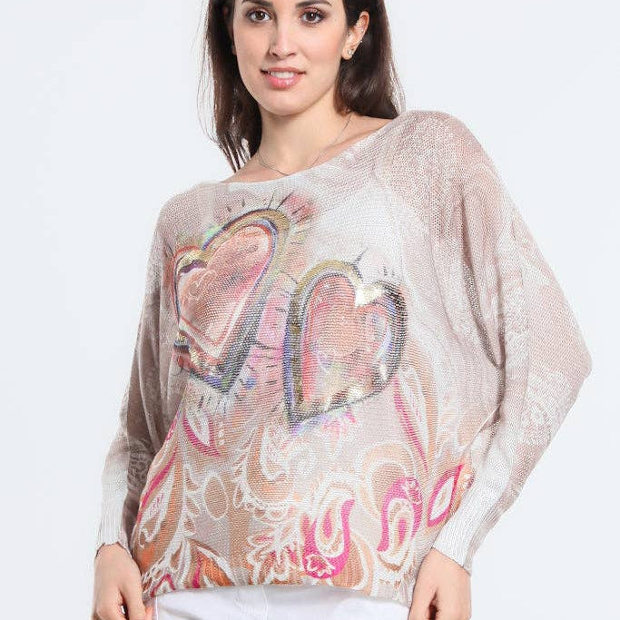TINA STEPHENS ITALY Danielle Batwing Open Knit Sweater Pink w/Gold