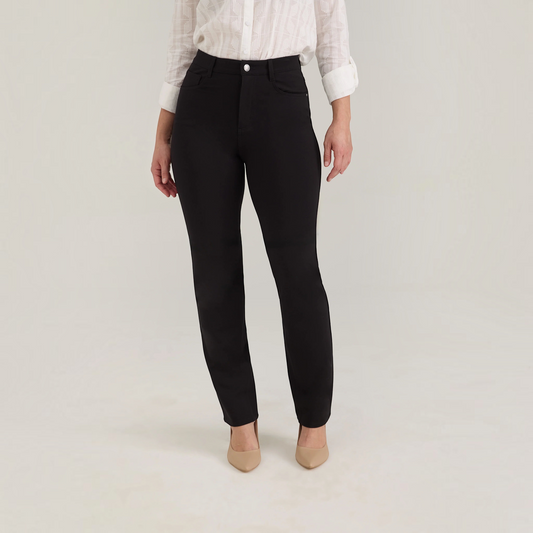Plum Bottom FDJ Suzanne black high-rise straight leg pants in responsive ponte fabric worn with a white shirt