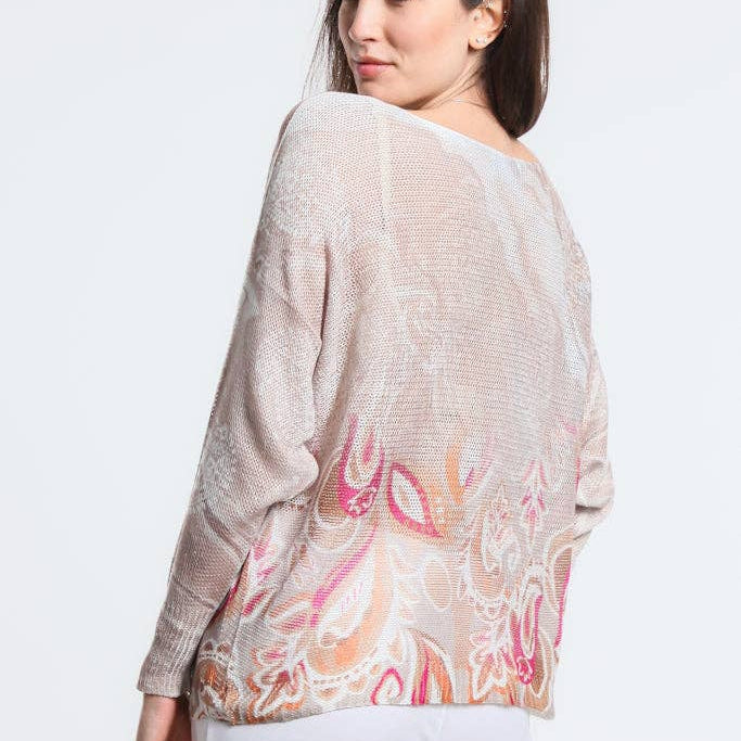 TINA STEPHENS ITALY Danielle Batwing Open Knit Sweater Pink w/Gold