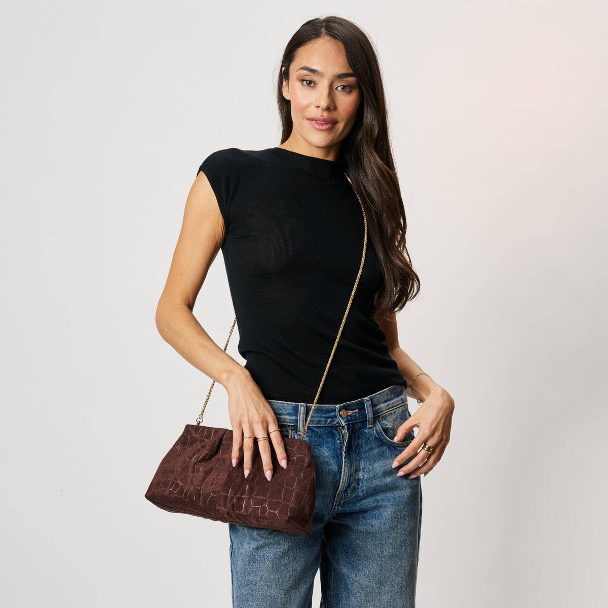 [Moda Luxe - Elva - Croc Embossed Faux Suede Clutch: Olive], [Handbags], [Moda Luxe], [Plum Bottom].