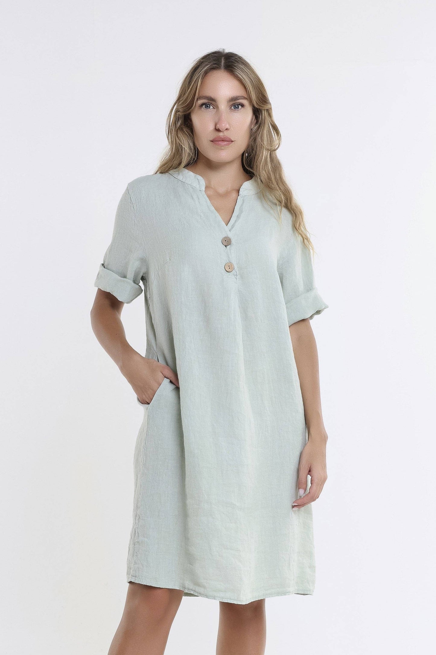 [TINA Stephens Italy/Tees By Tina - Lizzie Short Sleeve Linen Placket Dress (DSS140): 316 Olive / One Size], [CLOTHING], [TINA Stephens Italy/Tees By Tina], [Plum Bottom].