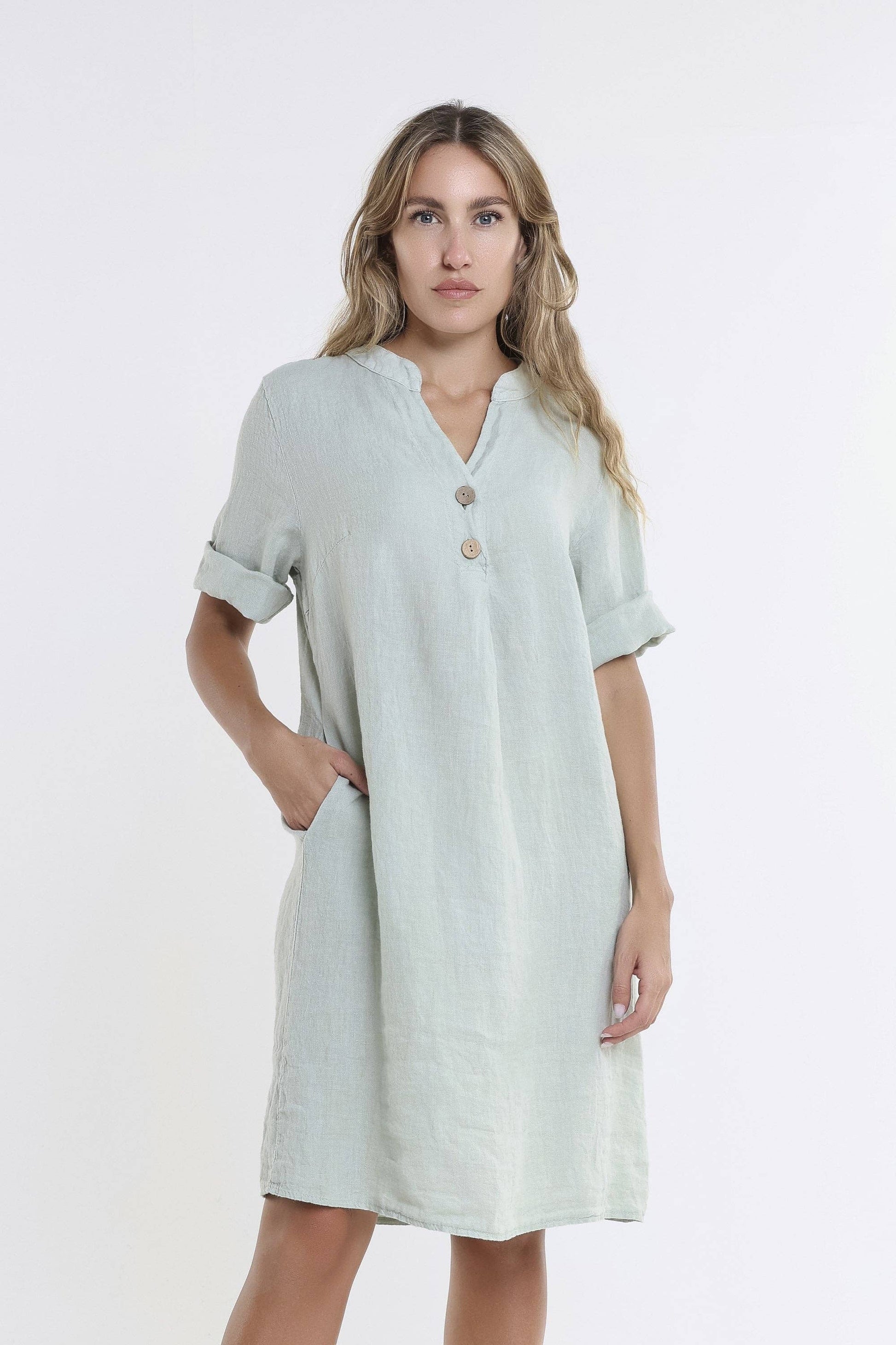 [TINA Stephens Italy/Tees By Tina - Lizzie Short Sleeve Linen Placket Dress (DSS140): 316 Olive / One Size], [CLOTHING], [TINA Stephens Italy/Tees By Tina], [Plum Bottom].
