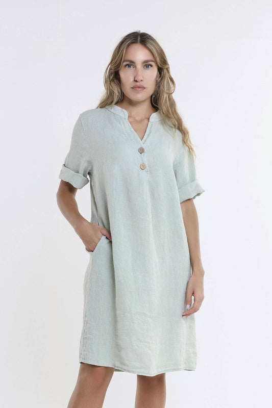 [TINA Stephens Italy/Tees By Tina - Lizzie Short Sleeve Linen Placket Dress (DSS140): 316 Olive / One Size], [CLOTHING], [TINA Stephens Italy/Tees By Tina], [Plum Bottom].