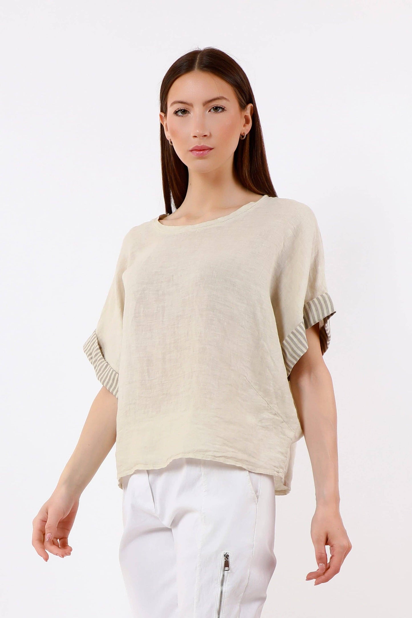 [TINA Stephens Italy/Tees By Tina - Brie Stripe Trim Short Sleeve Linen Top (BSS936PR): 286 Cashmere / One Size], [Tops], [TINA Stephens Italy/Tees By Tina], [Plum Bottom].
