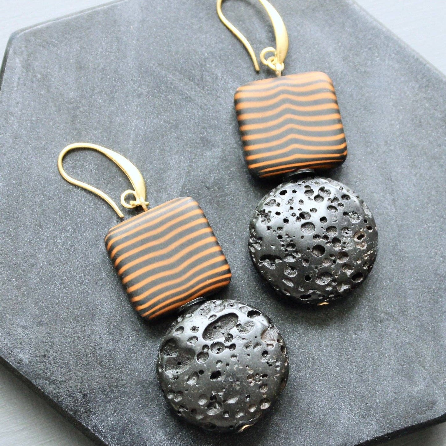 [David Aubrey Jewelry - LEXE32 Striped glass and lava earrings], [Earrings], [David Aubrey Jewelry], [Plum Bottom].
