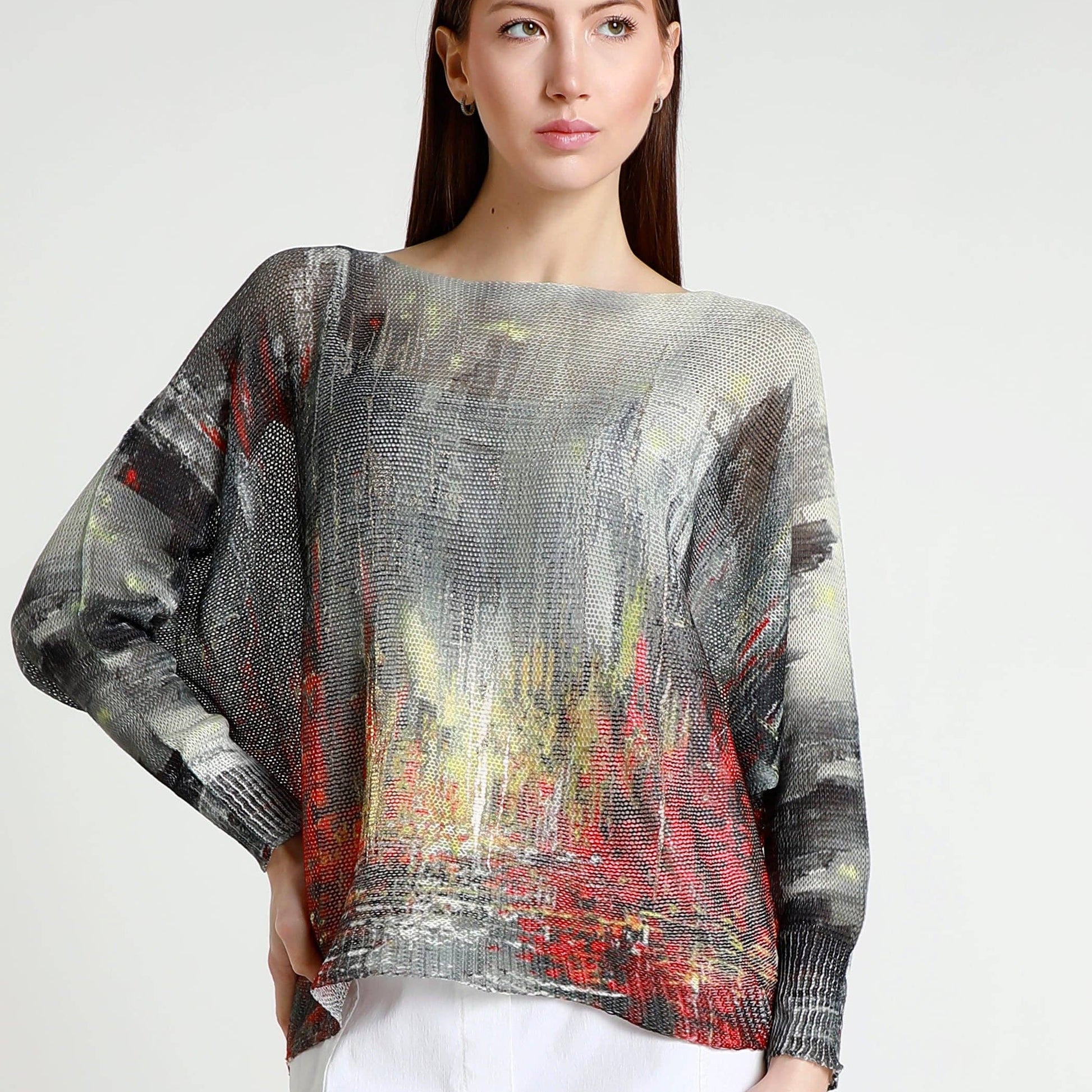[TINA Stephens Italy/Tees By Tina - Abstract Danielle Batwing Open Knit Sweater (BLS424CT): 623 Red Multi / One Size], [Sweater], [TINA Stephens Italy/Tees By Tina], [Plum Bottom].