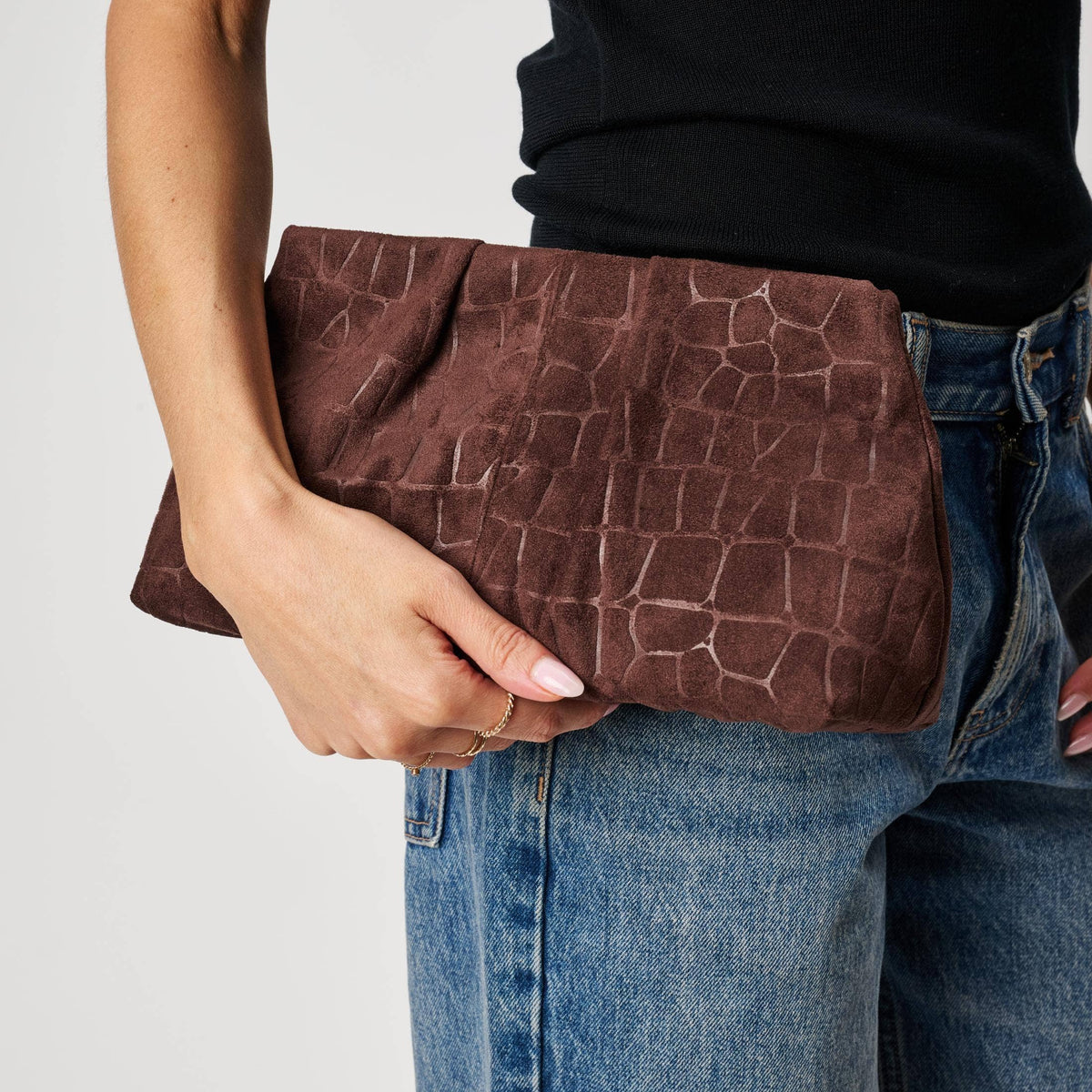 [Moda Luxe - Elva - Croc Embossed Faux Suede Clutch: Olive], [Handbags], [Moda Luxe], [Plum Bottom].