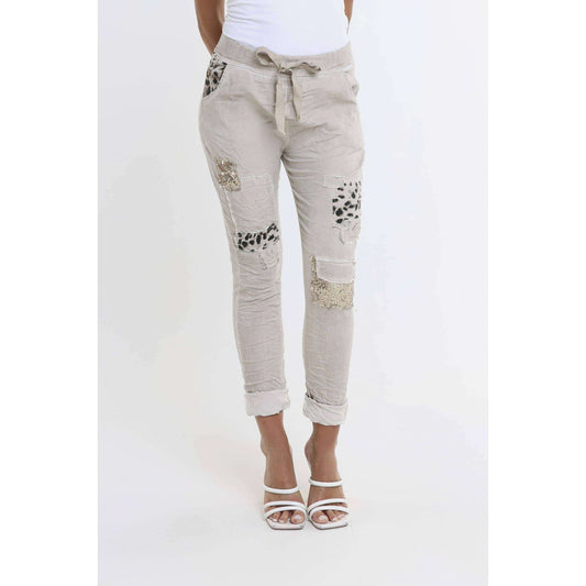 [TINA Stephens Italy/Tees By Tina - Kelly Leopard Sequin Patch Pant (PL192L): 270 Beige Enzyme / One Size], [CLOTHING], [TINA Stephens Italy/Tees By Tina], [Plum Bottom].