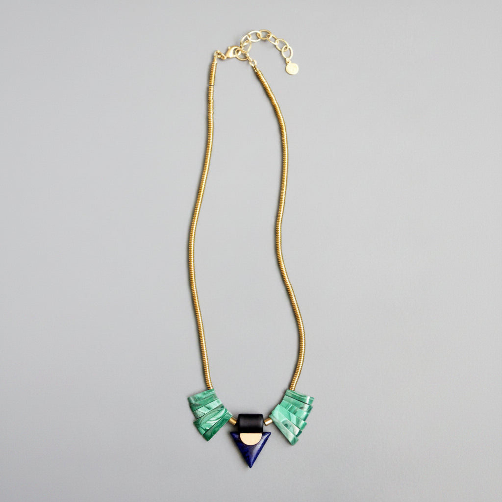 [David Aubrey Jewelry - NDN418 Artdeco malachite and navy blue pendant necklace], [Necklaces], [David Aubrey Jewelry], [Plum Bottom].