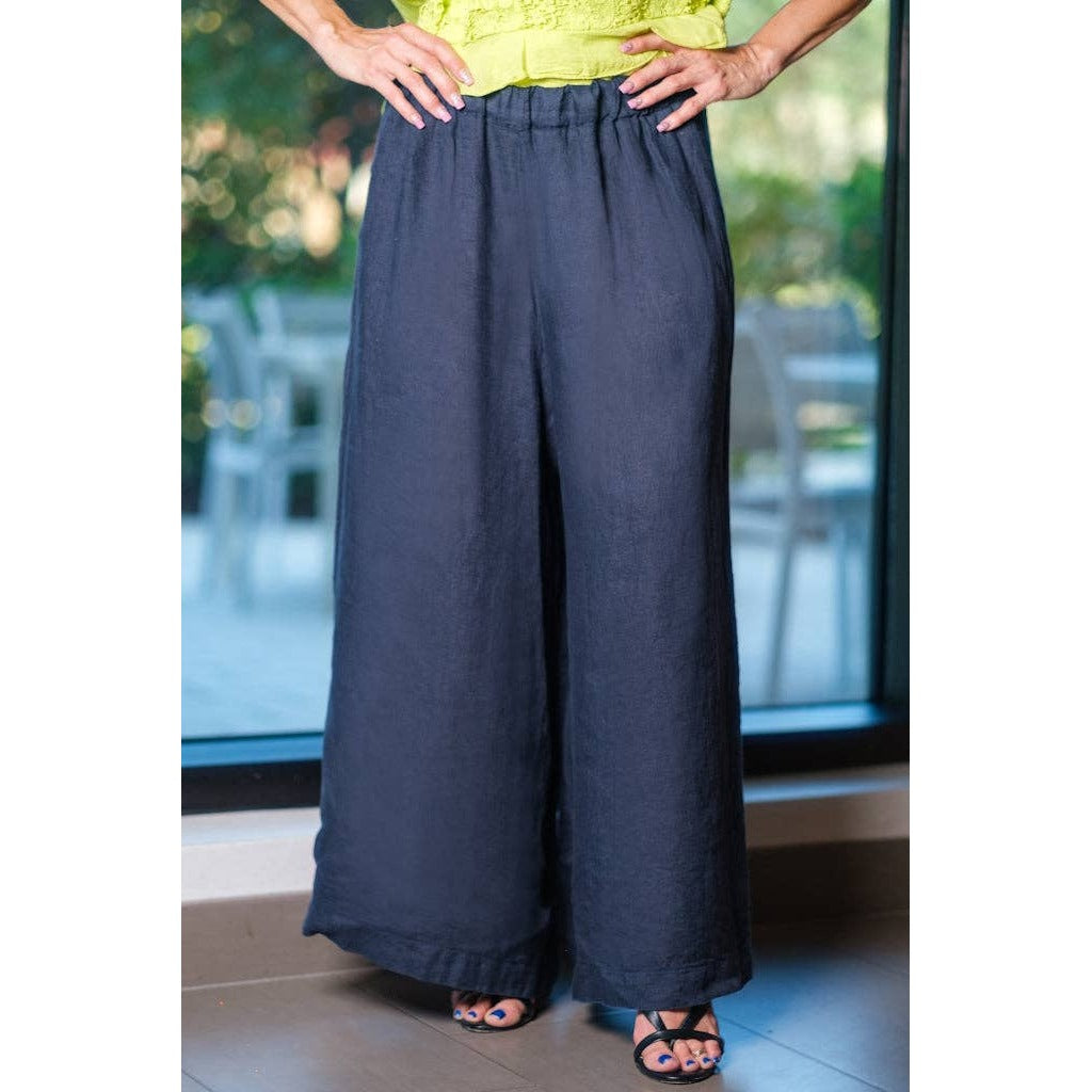 [TINA Stephens Italy/Tees By Tina - Peggy Crop Linen Palazzo Pant (PL188): 409 Navy / One Size], [CLOTHING], [TINA Stephens Italy/Tees By Tina], [Plum Bottom].