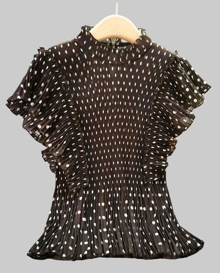 [Ellyndale - Pleating Ruffle Polka dot Top - Black: Black / O/S], [Tops], [Ellyndale], [Plum Bottom].