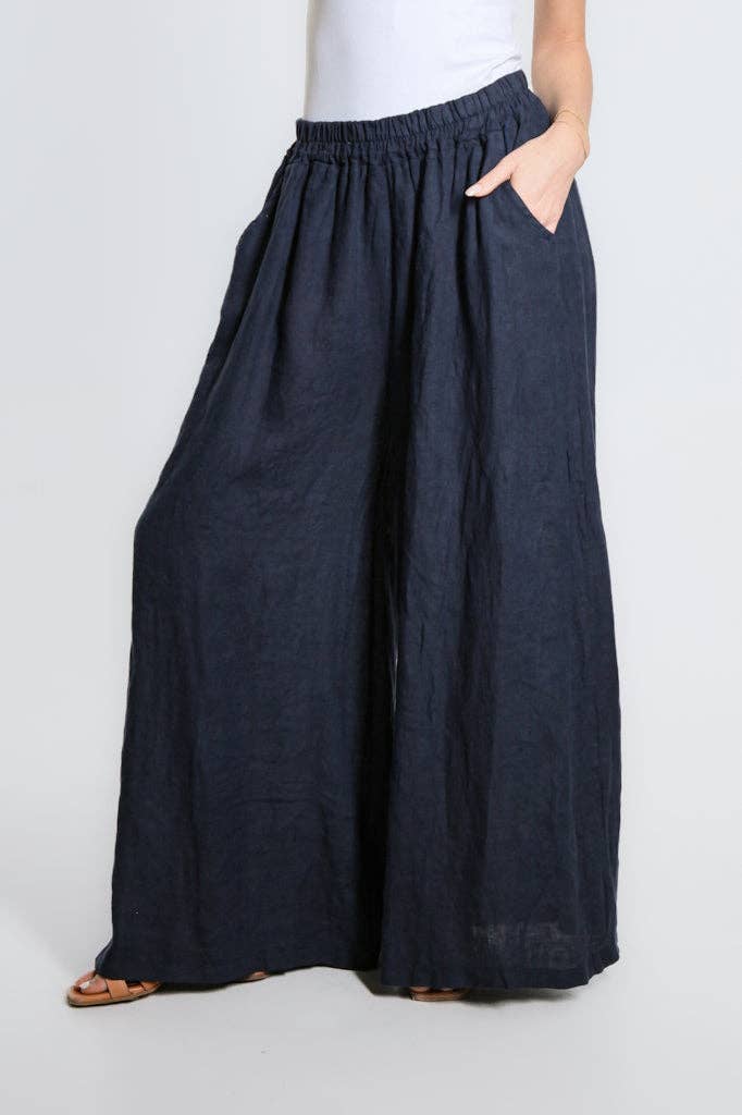 [TINA Stephens Italy/Tees By Tina - Angelena Linen Wide Leg Pant (PL187): 409 Navy], [CLOTHING], [TINA Stephens Italy/Tees By Tina], [Plum Bottom].