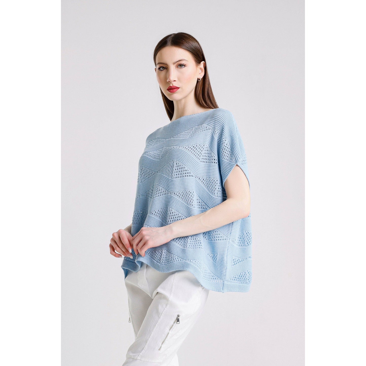 [TINA Stephens Italy/Tees By Tina - Patsy Short Sleeve Wave Knit Sweater (BSS912): 430 Sky Blue / One Size], [CLOTHING], [TINA Stephens Italy/Tees By Tina], [Plum Bottom].
