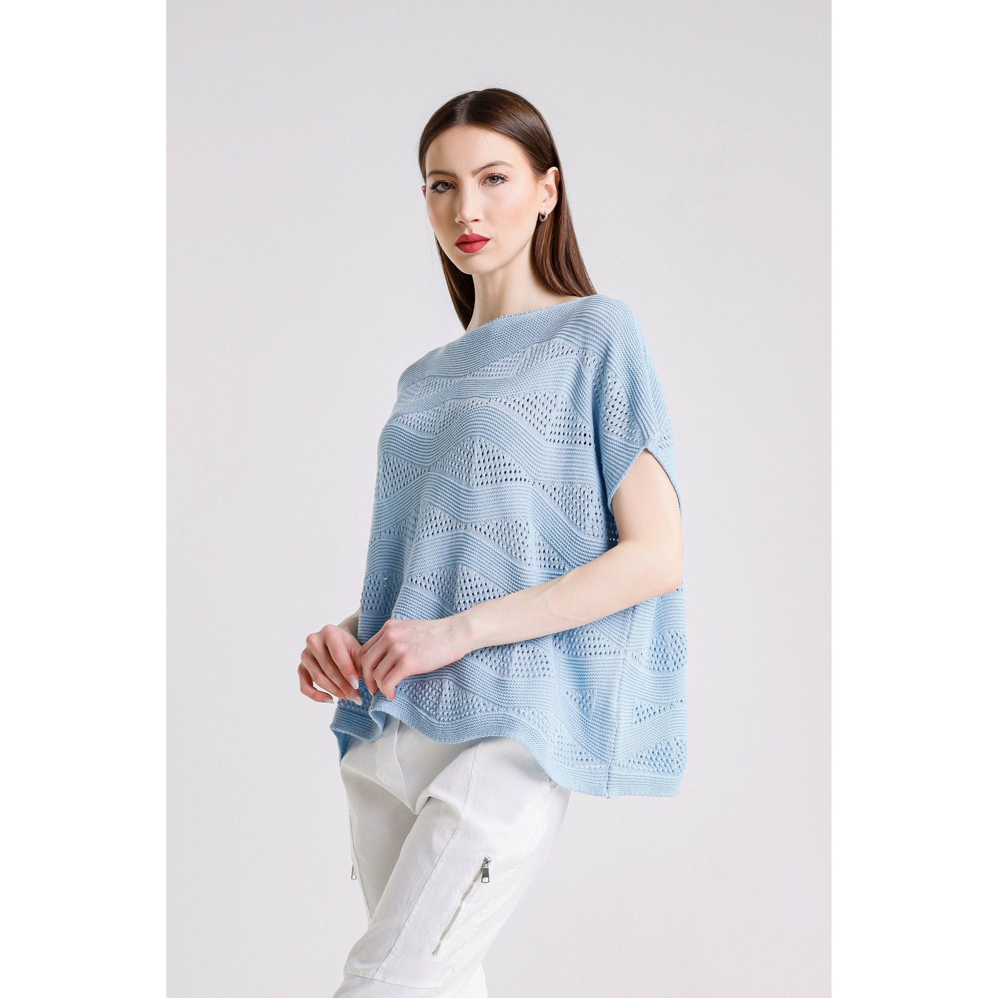 [TINA Stephens Italy/Tees By Tina - Patsy Short Sleeve Wave Knit Sweater (BSS912): 430 Sky Blue / One Size], [CLOTHING], [TINA Stephens Italy/Tees By Tina], [Plum Bottom].