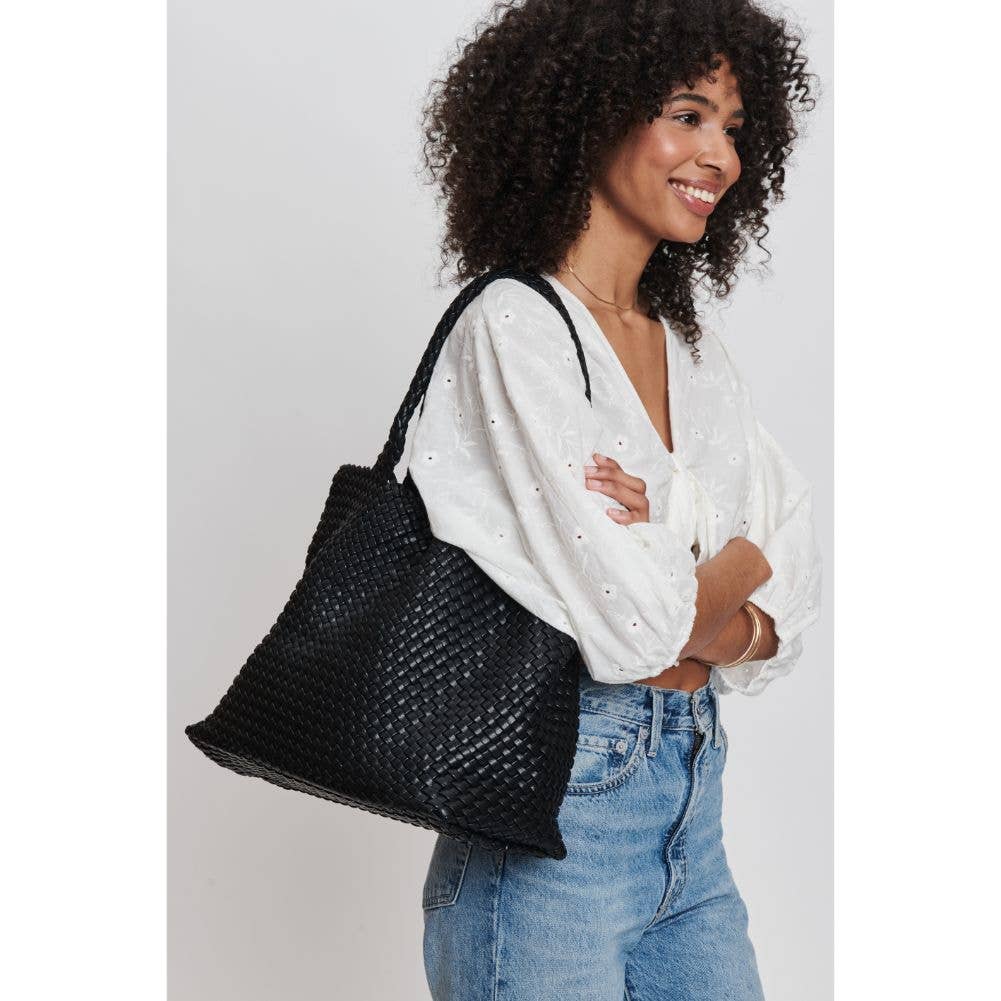 [Moda Luxe - Solana Woven Vegan Leather Tote: Black], [Handbag], [Moda Luxe], [Plum Bottom].