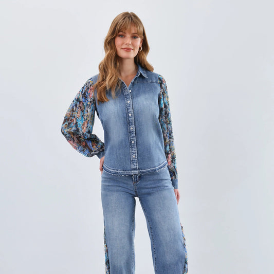 French Dressing Jeans - Pleated Sleeve Chambray Shirt - Watercolor Damask