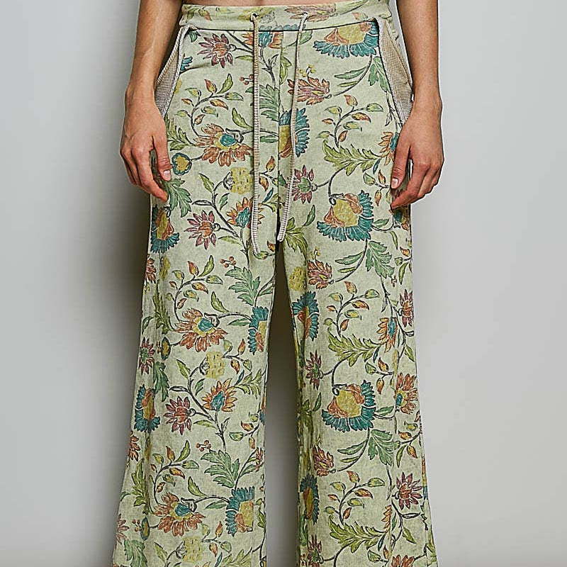 [Pol Clothing - Printed French Terry Lounge Adjustable Drawstring Pants: SAGE FLORAL / L], [Pants], [Pol Clothing], [Plum Bottom].