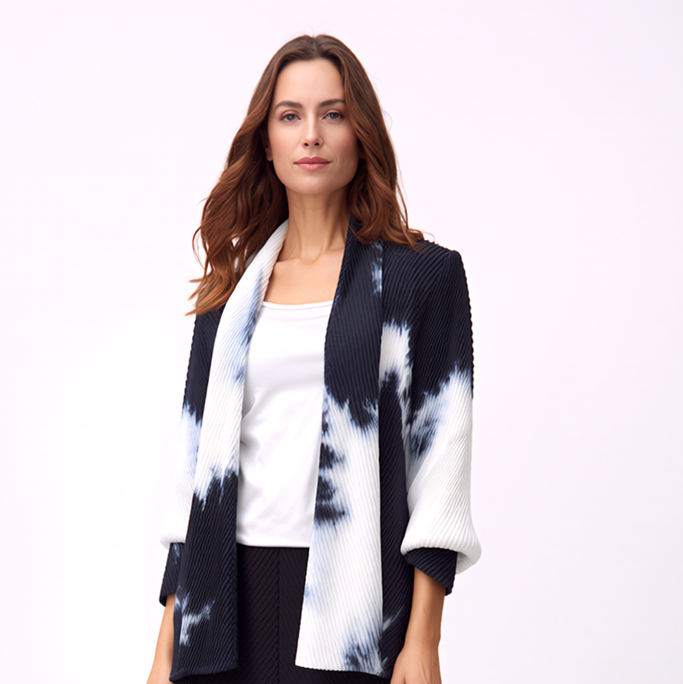 [Ellyndale - Pleating Jacket- Shawl Collar - Watercolor: Watercolor / O/S], [], [Ellyndale], [Plum Bottom].