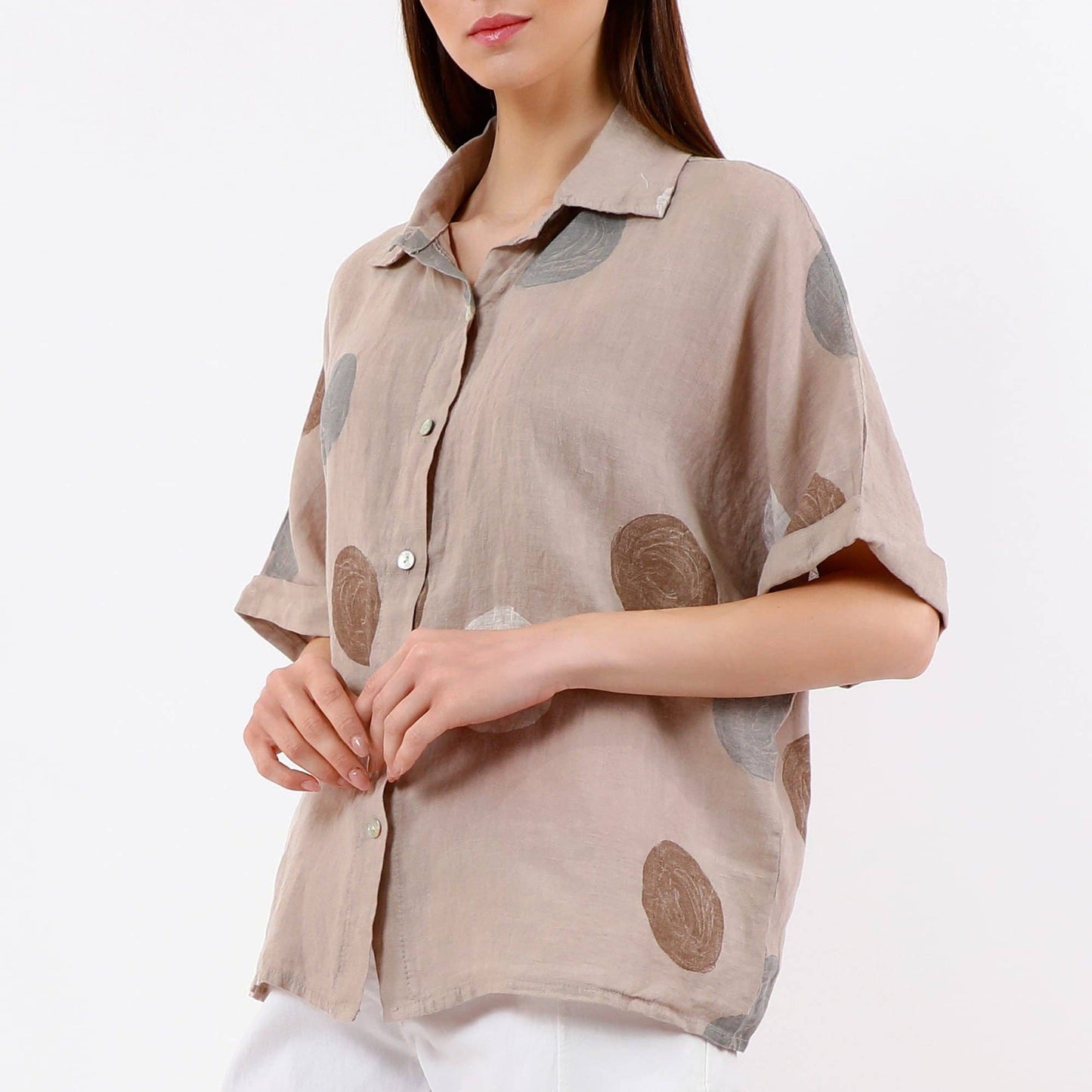 [TINA Stephens Italy/Tees By Tina - Ruth Circle Button-Front Linen Top (BQ191C): 286 Cashmere / One size], [Tops], [TINA Stephens Italy/Tees By Tina], [Plum Bottom].