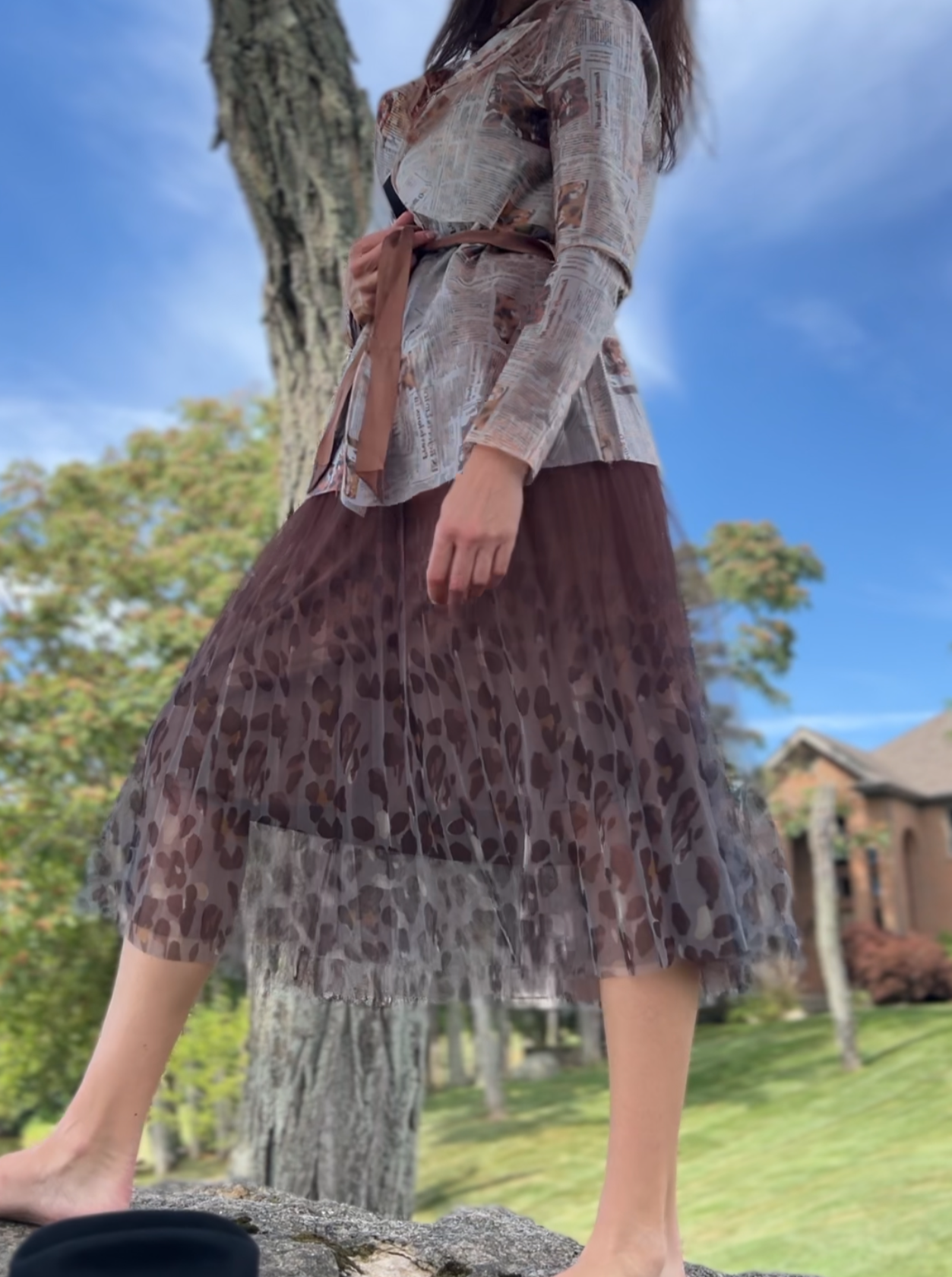 [Ellyndale - Fairy pleating mesh Skirt with Leopard print hem (Brown): Brown / O/S], [Skirts], [Ellyndale], [Plum Bottom].