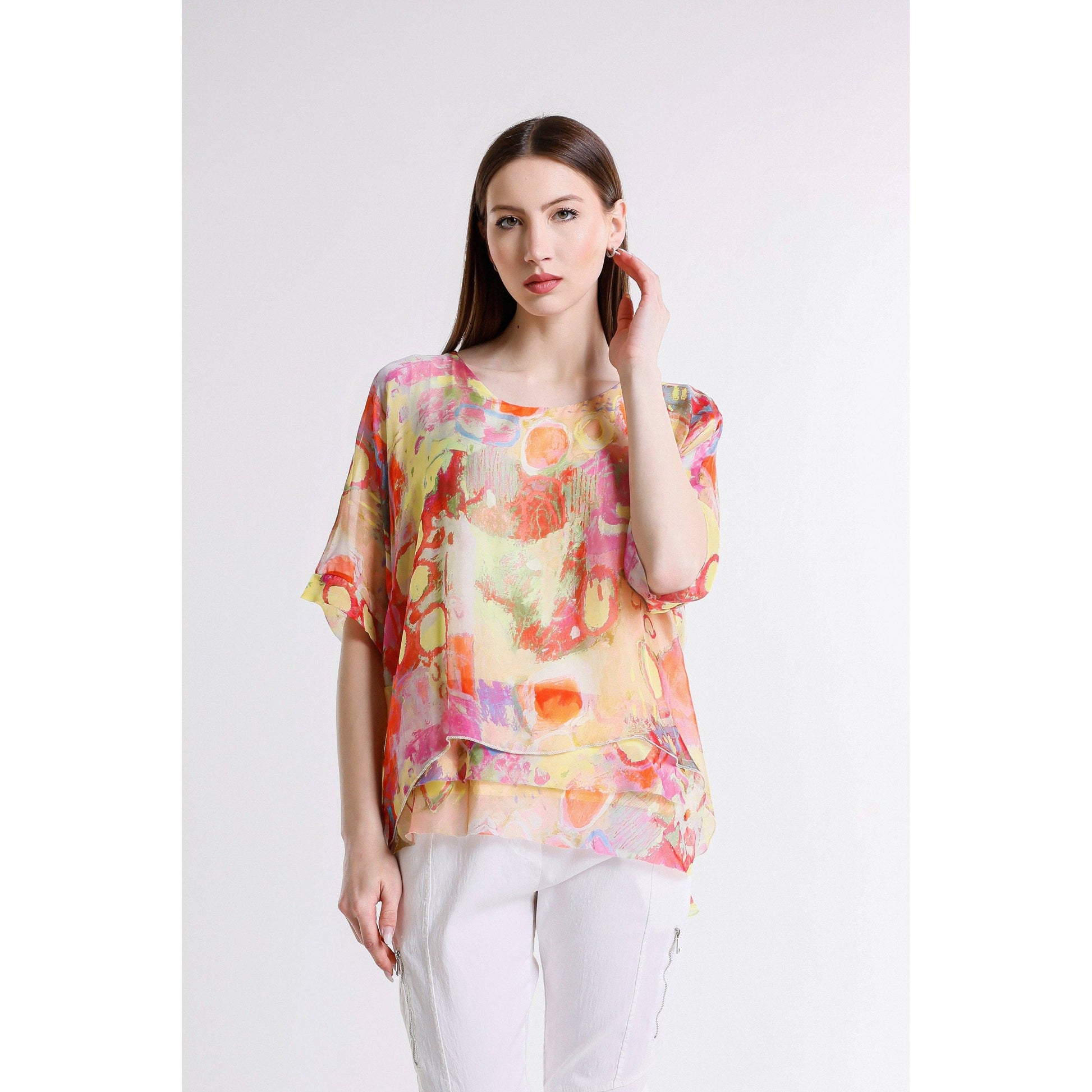 [TINA Stephens Italy/Tees By Tina - Adriana Splatter 3/4 Slv Silk Double Raw Edge Top (BQ209P): 725 Daffodil / One Size], [CLOTHING], [TINA Stephens Italy/Tees By Tina], [Plum Bottom].