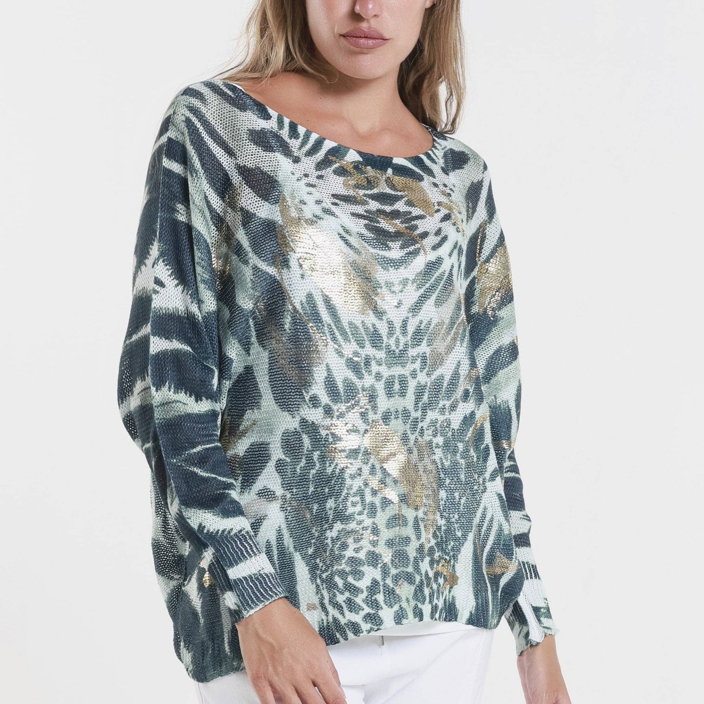 [TINA Stephens Italy/Tees By Tina - Big/Small Spot Danielle Batwing Open Knit Sweater (BLS424T): 303G Army w/ Gold / One Size], [Sweater], [TINA Stephens Italy/Tees By Tina], [Plum Bottom].