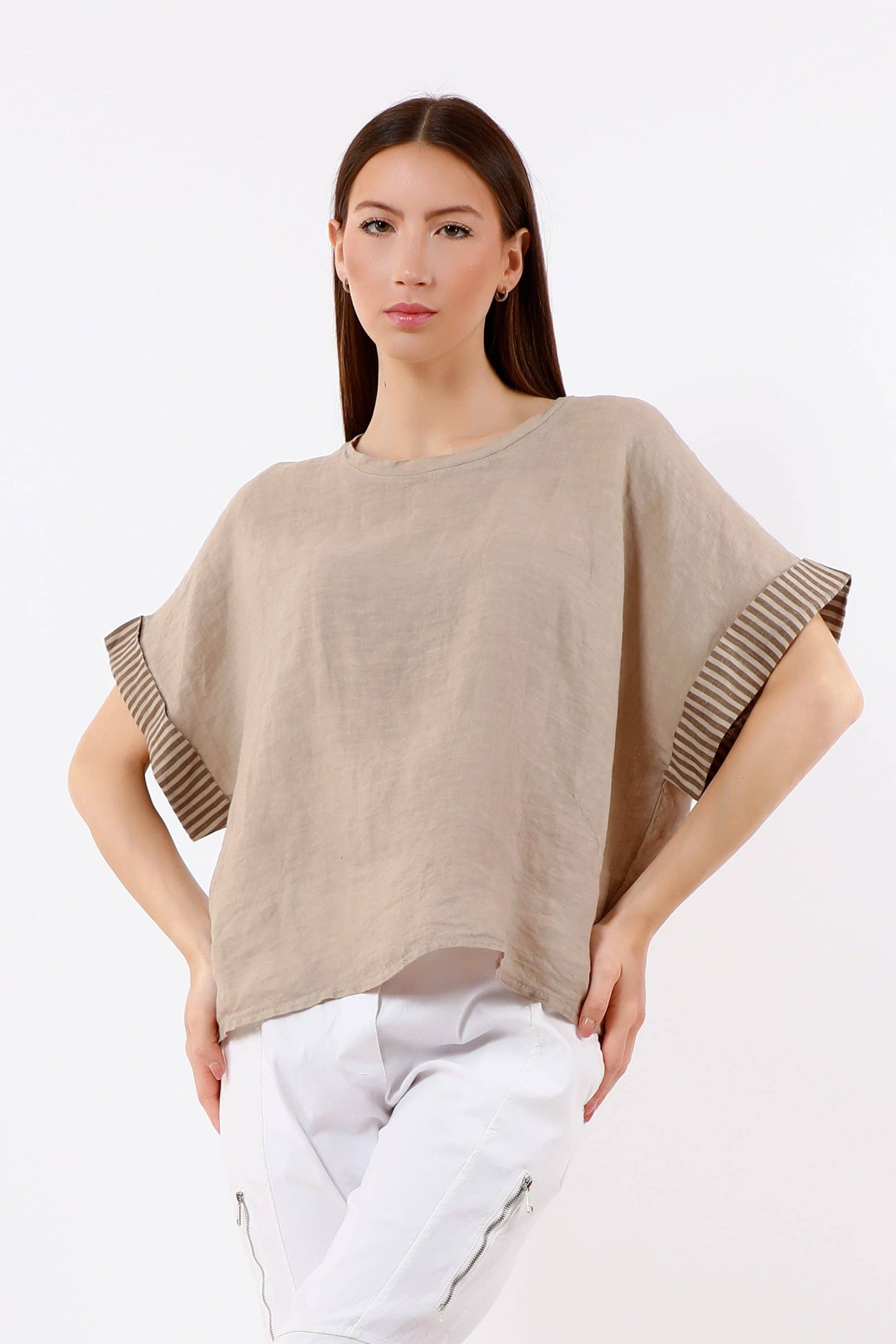 [TINA Stephens Italy/Tees By Tina - Brie Stripe Trim Short Sleeve Linen Top (BSS936PR): 286 Cashmere / One Size], [Tops], [TINA Stephens Italy/Tees By Tina], [Plum Bottom].
