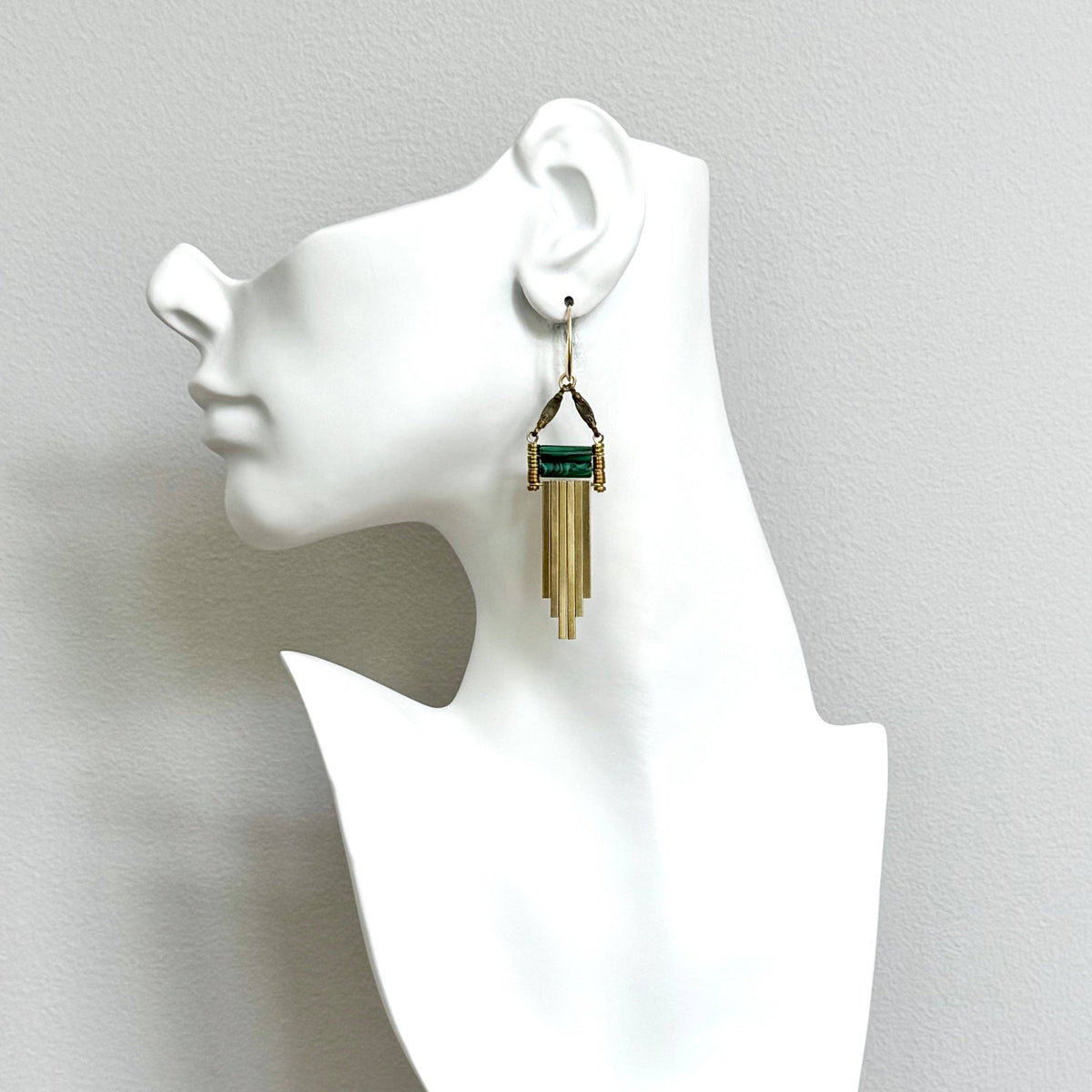 [David Aubrey Jewelry - NDNE25 Malachite and brass artdeco earrings], [Earrings], [David Aubrey Jewelry], [Plum Bottom].