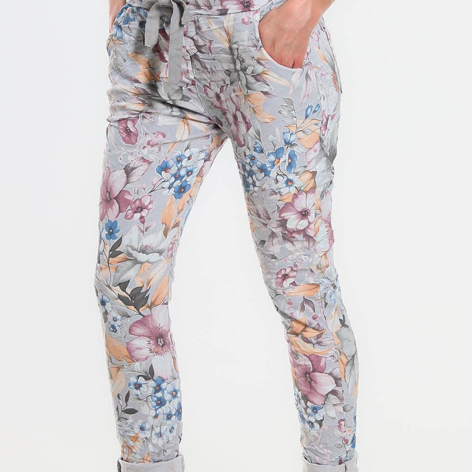 TINA STEPHENS ITALY Daelyn Multi-Flower Pull On Pant Grey