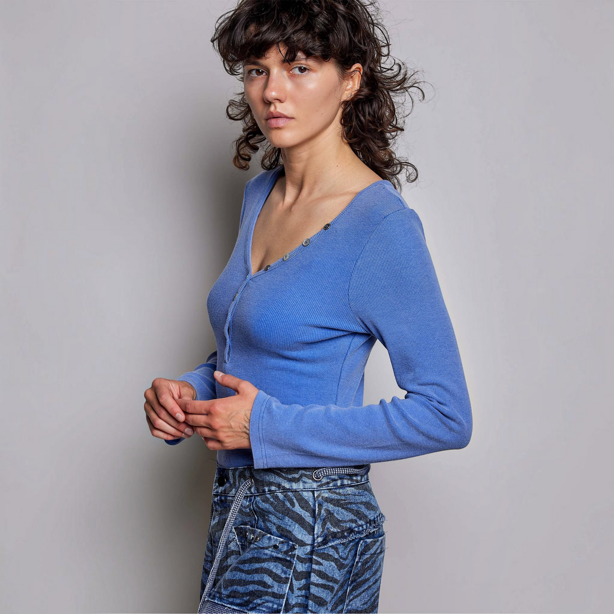 [Pol Clothing - Long Sleeve Novelty Button Wide V Neck Solid Knit Top: ROYAL BLUE / L], [CLOTHING], [Pol Clothing], [Plum Bottom].