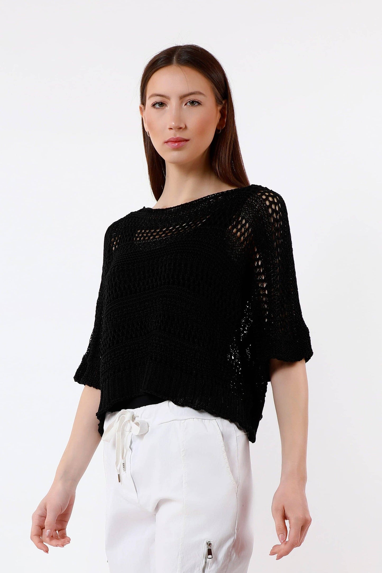 [TINA Stephens Italy/Tees By Tina - Divya Short Sleeve Cropped Open Knit Topper (BQ916): 409 Navy / One Size], [Tops], [TINA Stephens Italy/Tees By Tina], [Plum Bottom].
