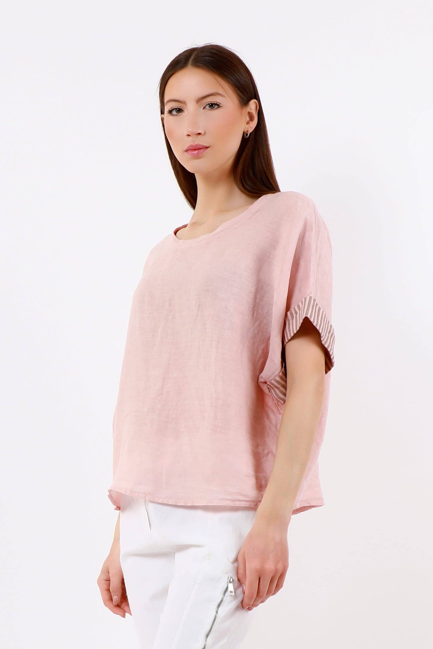 [TINA Stephens Italy/Tees By Tina - Brie Stripe Trim Short Sleeve Linen Top (BSS936PR): 286 Cashmere / One Size], [Tops], [TINA Stephens Italy/Tees By Tina], [Plum Bottom].