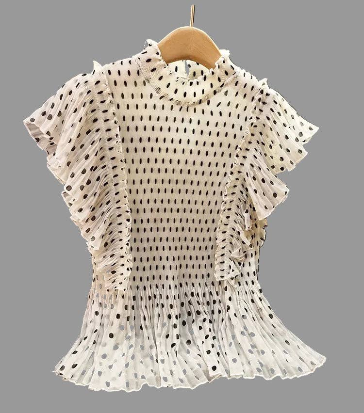 [Ellyndale - Pleating Ruffle Polka dot Top - Black: Black / O/S], [Tops], [Ellyndale], [Plum Bottom].