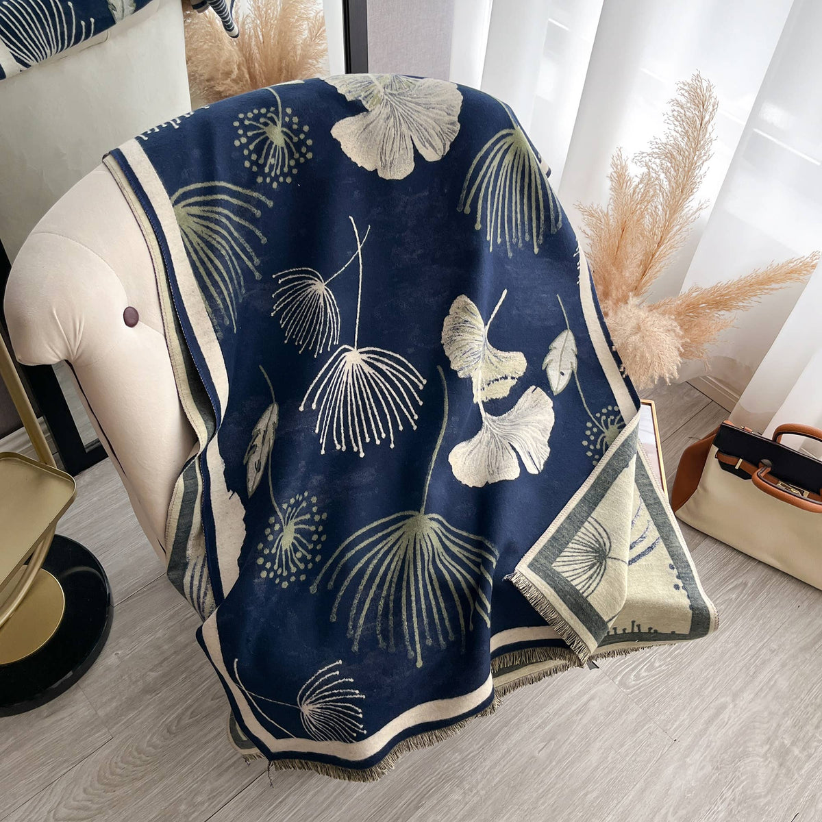 [Winding River - Navy / Cream Falling Ginkgo Reversible Wrap], [Scarf], [Winding River], [Plum Bottom].