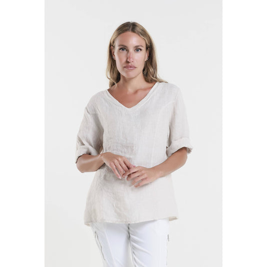 [TINA Stephens Italy/Tees By Tina - Lula Short Sleeve V-Neck Linen Side Seam Top (BSS198): 250 Beige / One Size], [CLOTHING], [TINA Stephens Italy/Tees By Tina], [Plum Bottom].