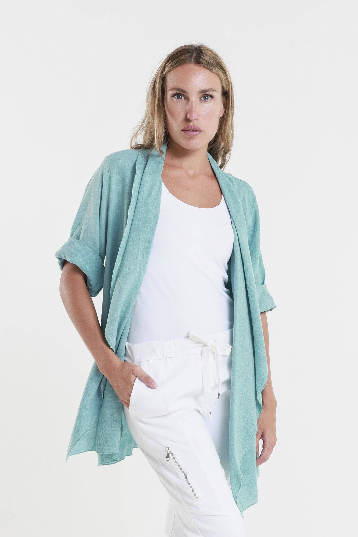 TINA Stephens Italy/Tees By Tina - Olivette Gauzy Linen Blend Open Cardigan (CQ102): 250 Beige / One Size